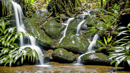 Waterfall in the rainforest of the island of Borneo.の素材