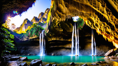Stalactites and waterfalls in the cave. Thailand.の素材