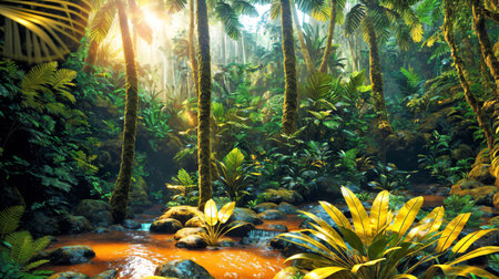 tropical rainforest with river, nature background, 3d renderの素材