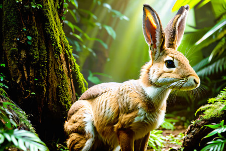 Cute rabbit sitting on the tree in the forest. Nature backgroundの素材