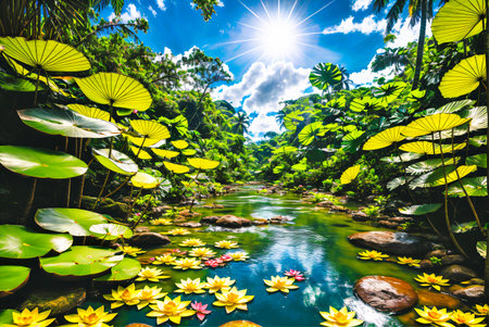 Beautiful water lilies in the tropical garden. Water lilies on the riverの素材
