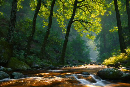 Mountain river in the forest at sunrise. Beautiful summer landscape.の素材