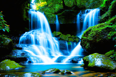 Waterfall in the forest at night. Beautiful nature background. Long exposure.の素材