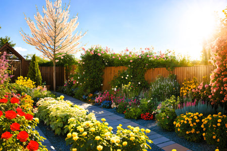 Garden with blooming flowers on sunny day. Summer landscape.の素材