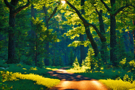 Sunlight in the green forest. Beautiful nature background with sunbeamsの素材