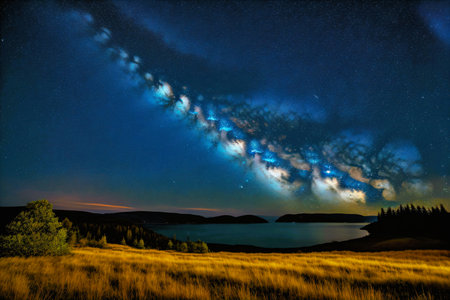 Milky Way over the lake. Long exposure photograph with grain.の素材