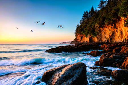 Beautiful seascape at sunset. Nature composition and vibrant colors.の素材