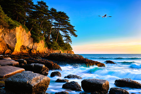 Beautiful seascape at sunset. Colorful summer landscape.の素材