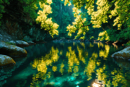 Beautiful view of the mountain river and green forest. Nature composition.の素材