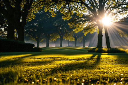 Beautiful park in the morning with sunbeams and fog.の素材