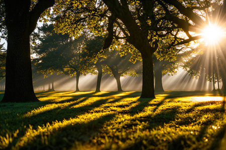 Early morning in the park with sun rays passing through the trees.の素材