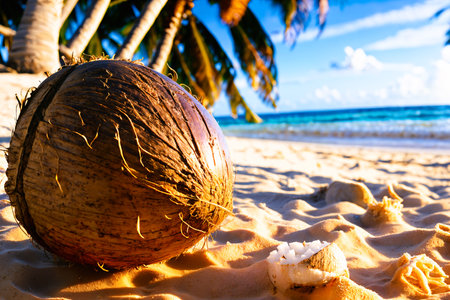 Coconut on the sandy beach with palm trees in the backgroundの素材