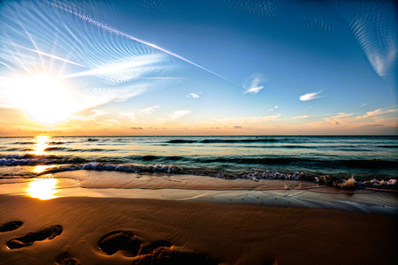 beautiful sunset on the beach, sea, sand and sky backgroundの素材