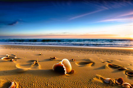 Seashells on the beach at sunset. Beautiful natural backgroundの素材
