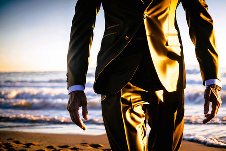 Businessman walking on the beach at sunset. Business and success concept.の素材
