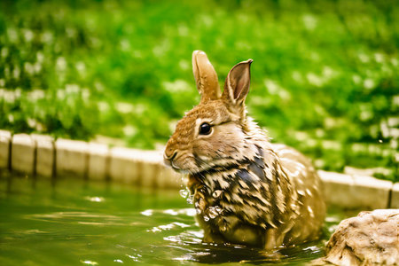 Rabbit in the water. Selective focus. Toned.の素材