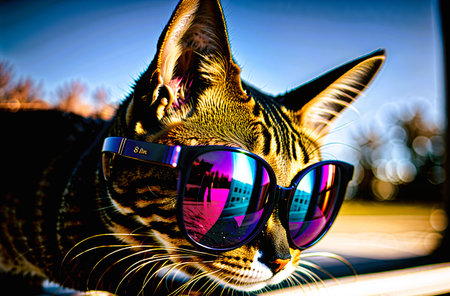Cat with sunglasses on the background of the city. Selective focus.の素材
