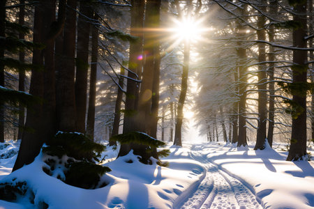 Beautiful winter landscape with snow covered trees and rays of the sunの素材