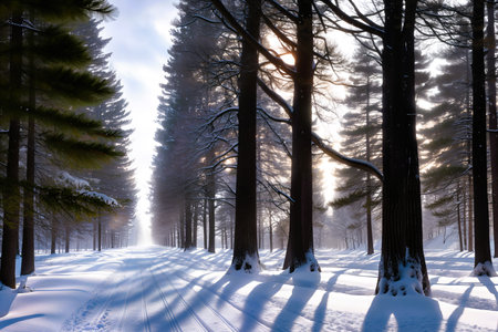 Winter landscape with snow-covered pine forest and sunbeams.の素材