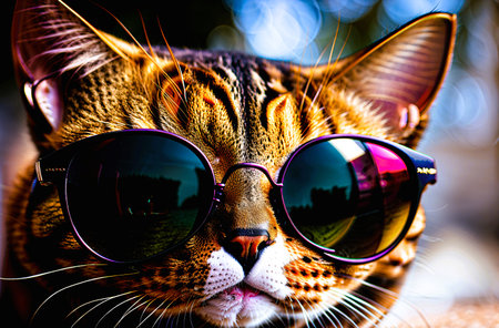 Cat wearing sunglasses. Portrait of a cat wearing sunglasses. Shallow depth of field.の素材