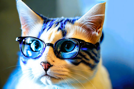 Portrait of a bengal cat wearing glasses with blue eyesの素材
