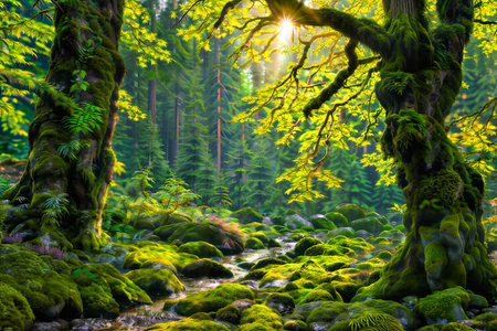 Fantasy green forest with mossy rocks and sunlight shining through the treesの素材