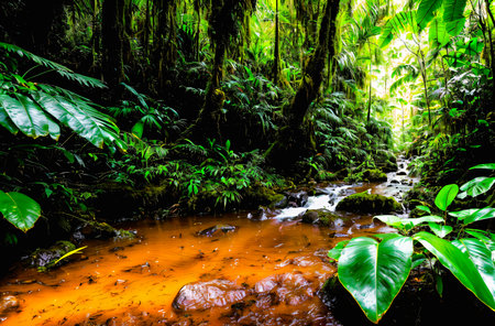 Tropical rainforest with waterfall in Costa Rica, Central Americaの素材