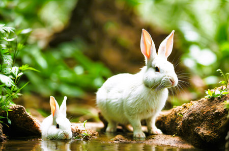 Rabbits in the garden. White rabbit in the garden.の素材