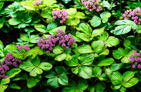 Pink flowers and green leaves in the garden. Natural floral background.の素材