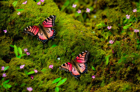 Butterflies on green moss in the rainforest of Thailand.の素材