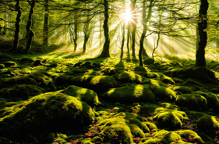 Mossy forest with sunbeams and sunbeams.の素材