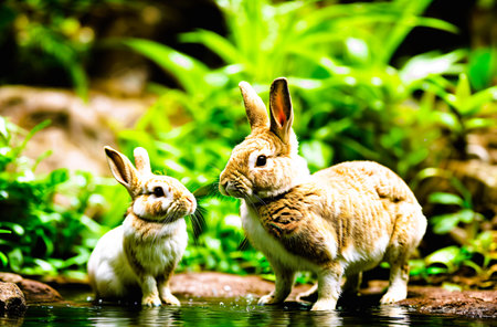 Rabbits in the garden. Selective focus. nature.の素材