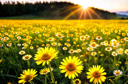 Field of daisies at sunset. Beautiful summer landscape with flowers.の素材