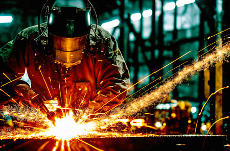 Industrial worker with protective mask welding metal at factory. Industrial background.の素材