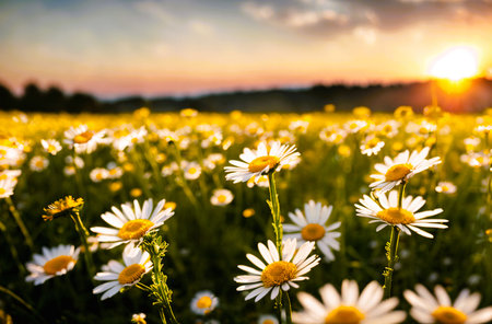 Field of daisies at sunset. Beautiful summer landscape with camomiles.の素材
