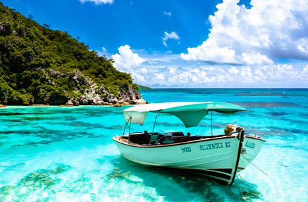 Boat on the tropical beach at Seychelles, Praslinの素材