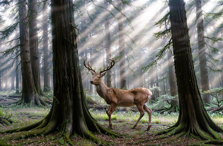 Deer in the forest with light rays coming through the trees.の素材