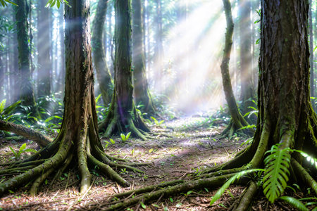beautiful tropical rainforest with sunbeams and lens flare effectの素材