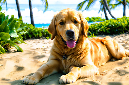 Golden Retriever on the beach with palm trees in the backgroundの素材