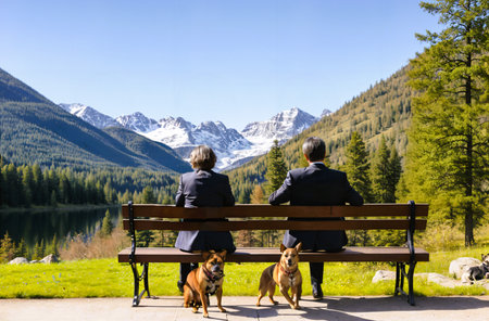 Senior couple sitting on a bench with their dogs in the background of mountainsの素材