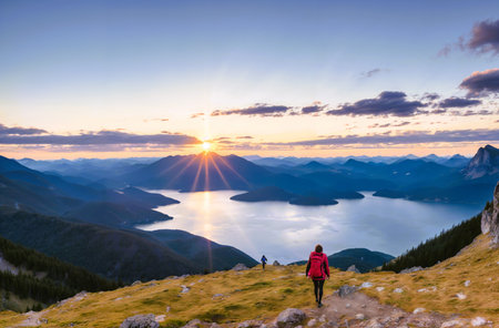 Woman hiking on the top of a mountain and looking at the lakeの素材