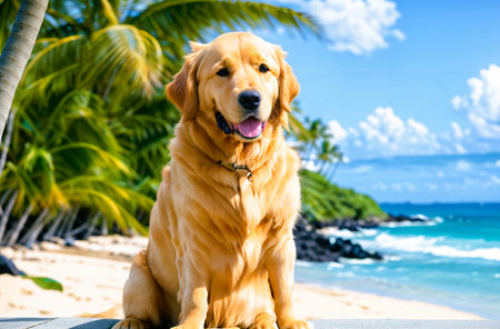 Golden Retriever sitting on the beach with palm trees in the backgroundの素材
