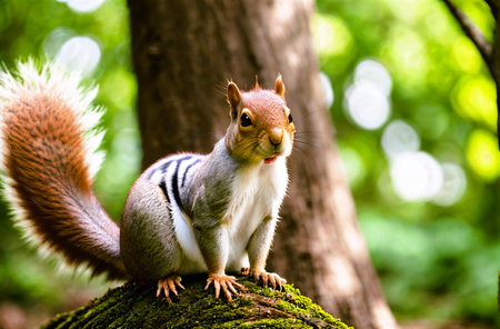 Squirrel on a tree branch in the forest. Shallow depth of field.の素材