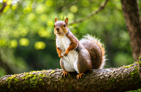 Squirrel sits on a tree branch in the forest and eats nutsの素材