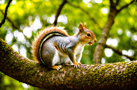 Squirrel on a tree branch in the forest, close-upの素材