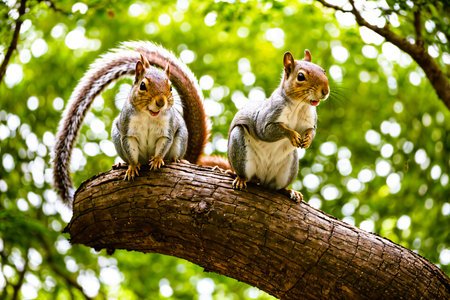 Two squirrels sitting on a tree branch in a park, close upの素材