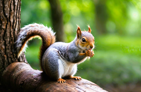 Squirrel on a tree trunk in a park, close-upの素材