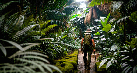 Man with backpack and trekking poles walking in the tropical jungle.の素材