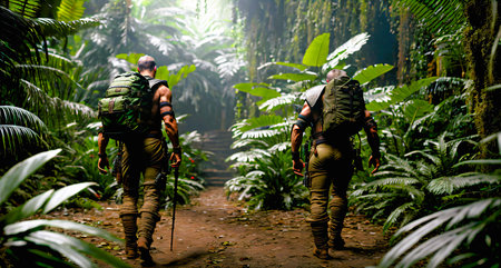 Back view of two men hiking in tropical jungle with trekking polesの素材