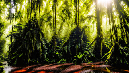 tropical rainforest with sunbeam in the jungle. 3d renderingの素材